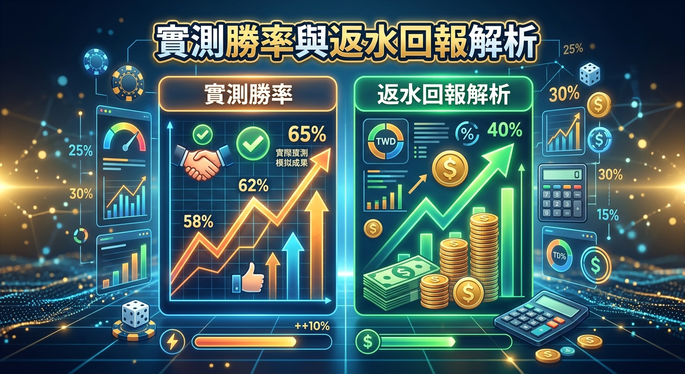 這張圖片展示了一份包含「實測勝率」與「返水回報解析」數據的繁體中文分析圖表。 畫面結合了上升趨勢折線圖、金幣與計算機等元素,呈現出高科技感與專業的財務統計風格。